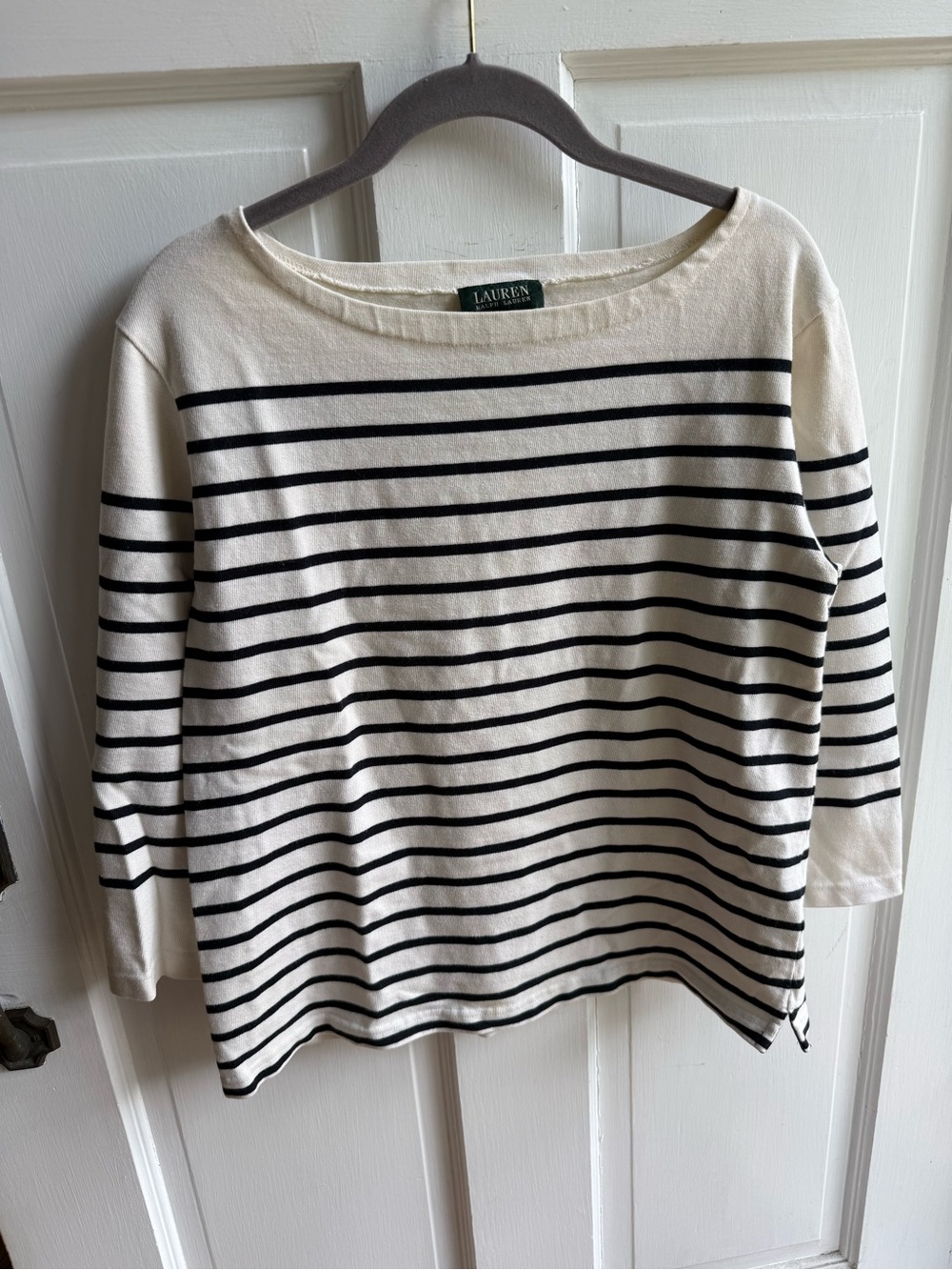 Ralph Lauren Cream and Black Striped Boatneck Long Sleeve Top